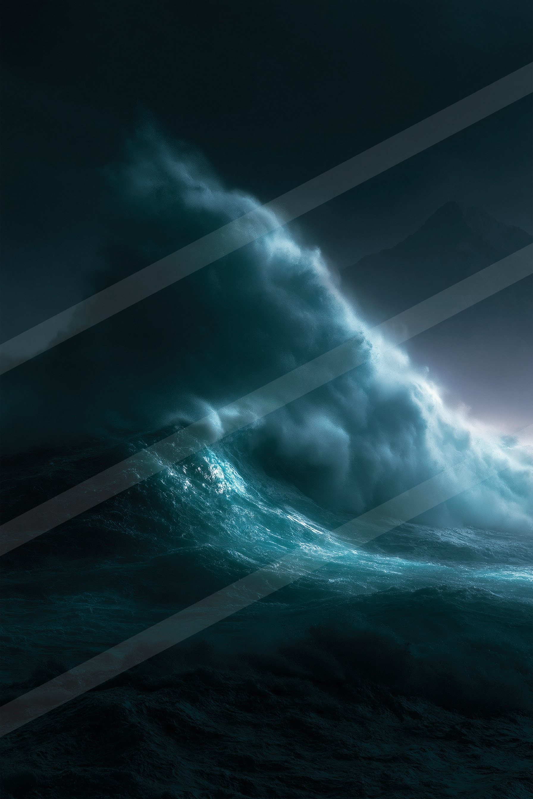 A massive ocean wave crashing under a dark sky, illuminated by dramatic lighting highlighting the crest and spray.