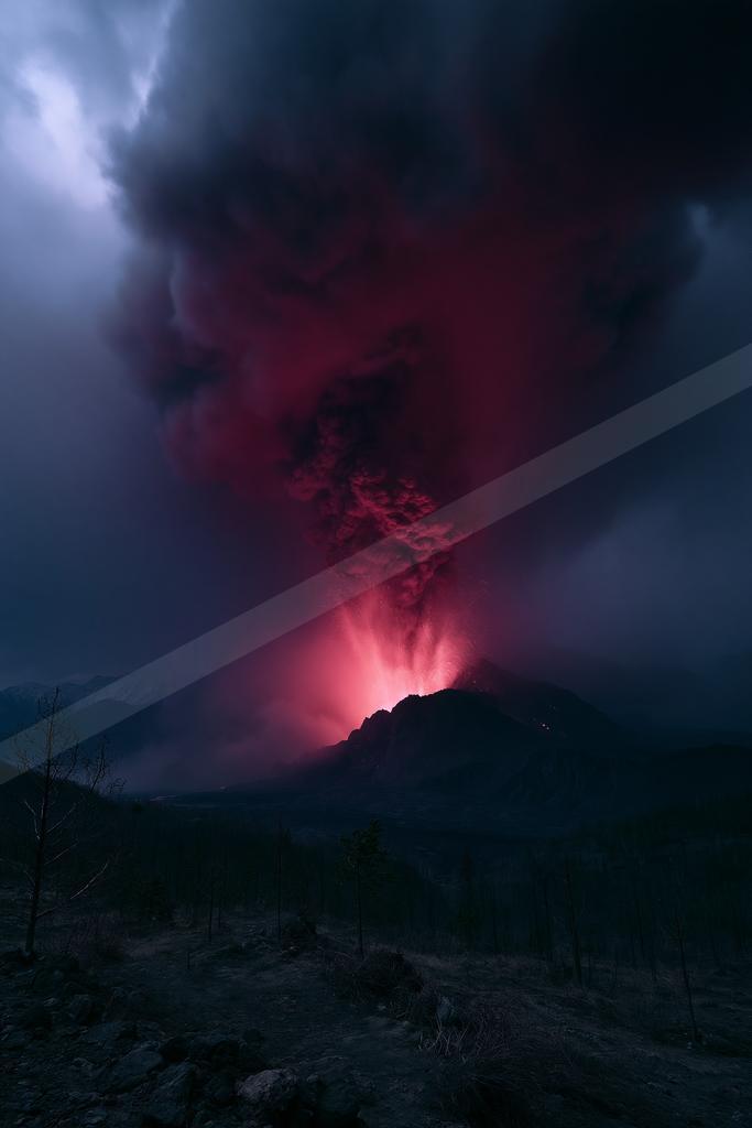 A powerful volcanic eruption at night, with a massive plume of smoke and ash glowing bright red from molten lava, rising above a dark mountain range under a sto