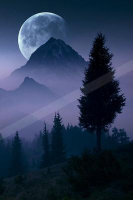 A night sky scene of moon, mountains, fog.