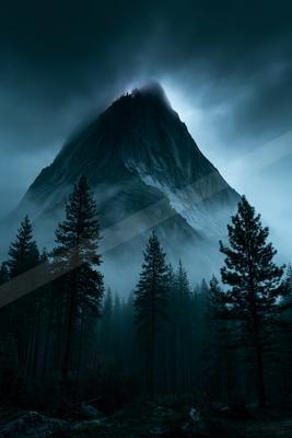 A towering rocky mountain peak shrouded in thick fog and low clouds, with a dense forest of tall evergreen trees in the foreground under a dark, moody sky.