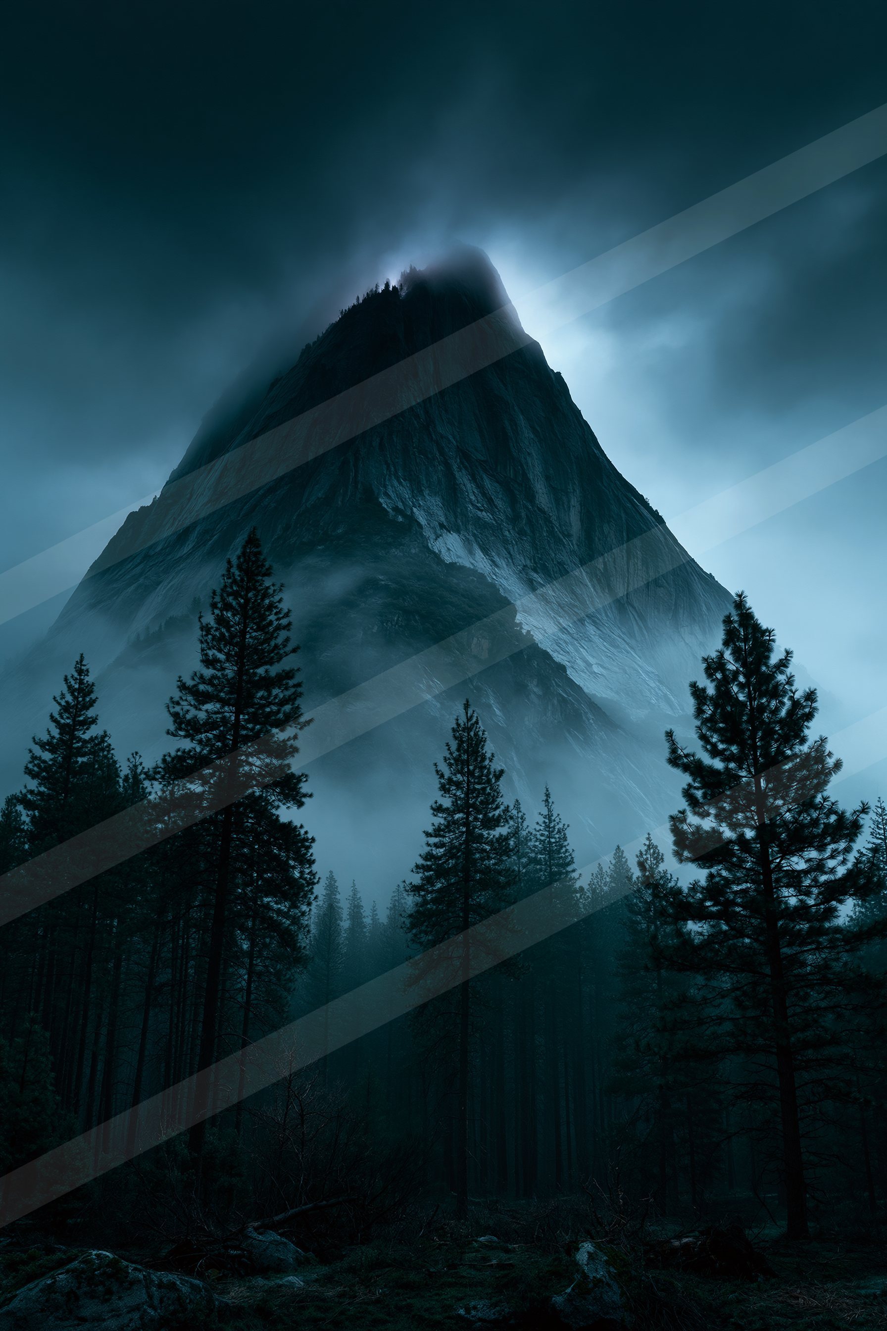 A mysterious high contrast landscape of a volcano, fog.