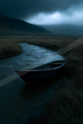 A dark wooden rowboat rests in a flowing river surrounded by tall grass under a dramatic, overcast sky, with a large flock of sheep visible in the distant valle