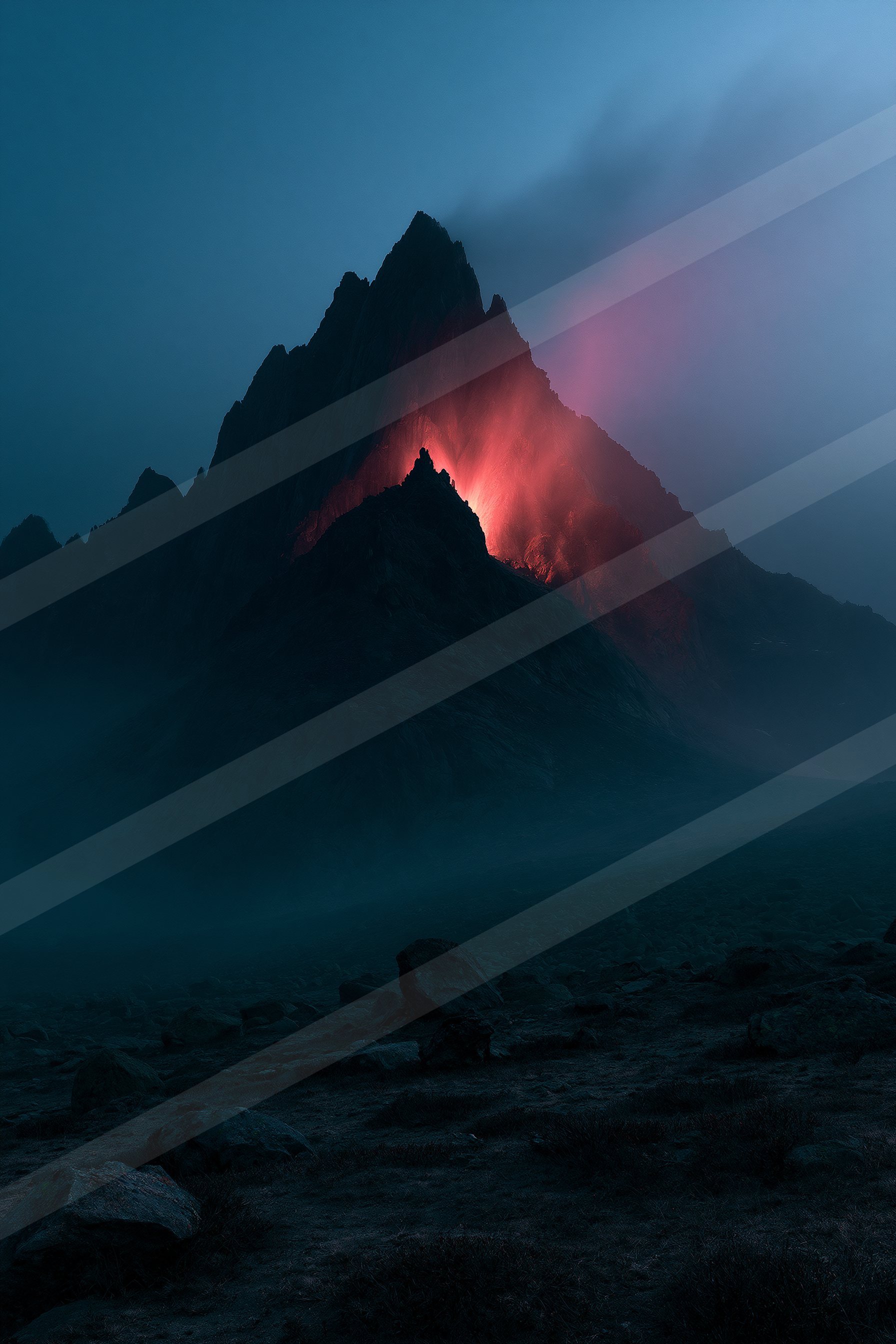 A dramatic landscape of a volcano, fire.