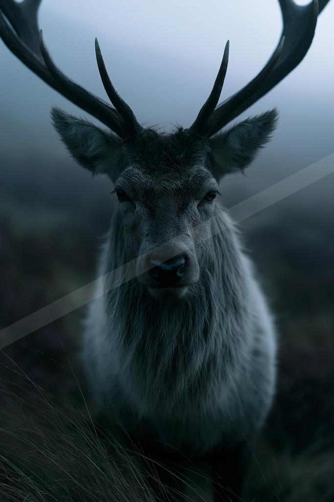 A large deer with impressive antlers stands in tall grass, looking directly at the camera through dense fog.