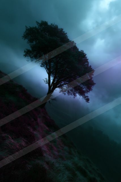 An ethereal high contrast nature scene of an oak tree, fog.