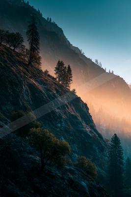 A blue hour long exposure landscape of mountains, trees, valley.