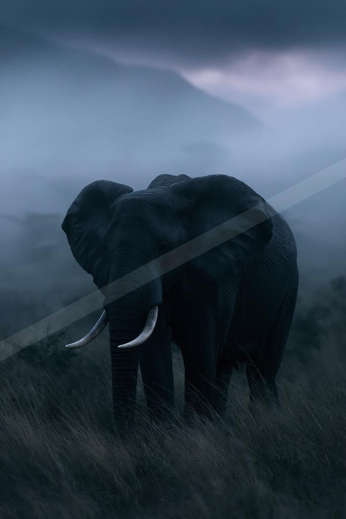 A large African elephant with prominent tusks stands in tall grass, surrounded by thick fog under a dark, moody sky.