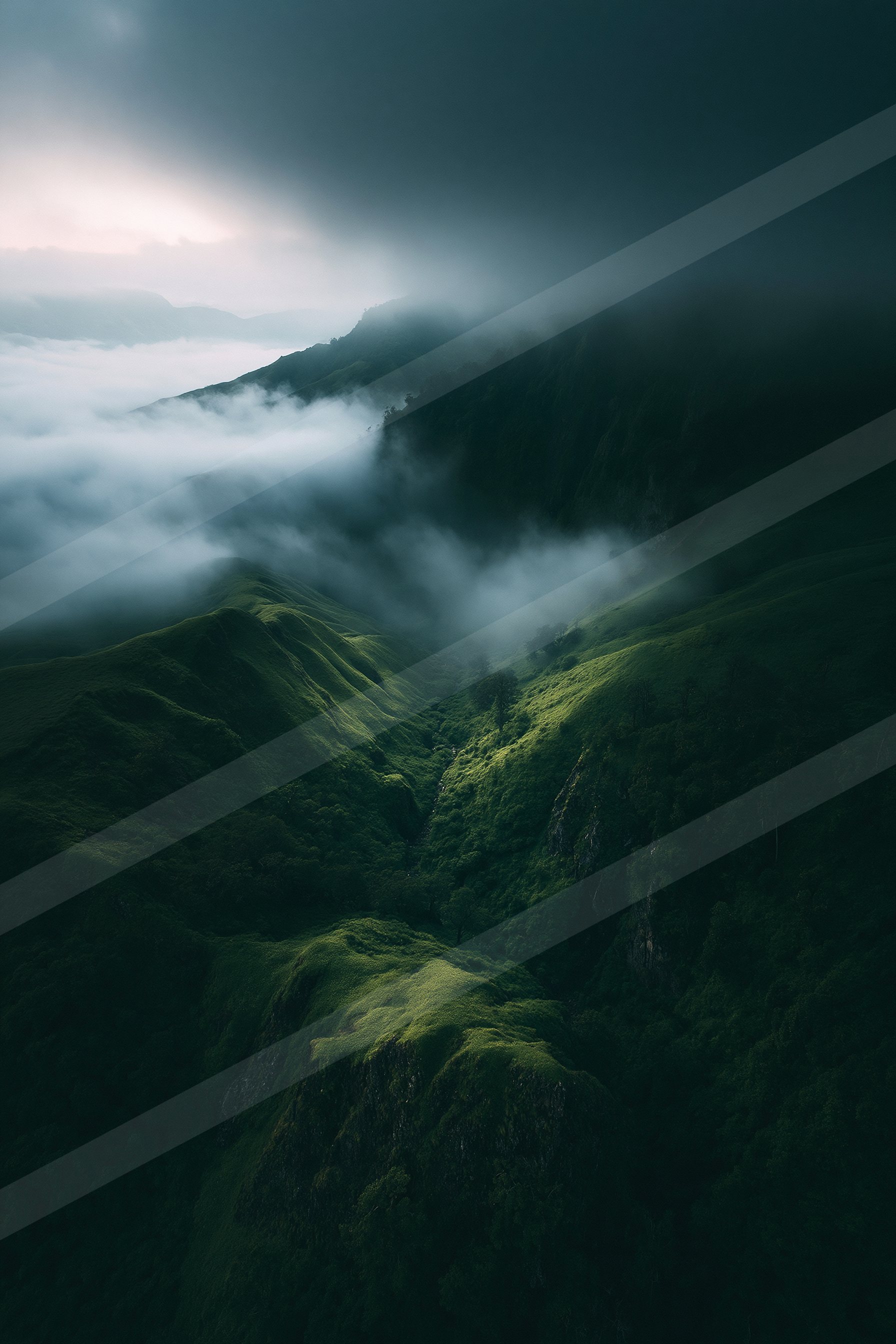 A serene mountain landscape shrouded in mist with lush greenery and a mysterious atmosphere.