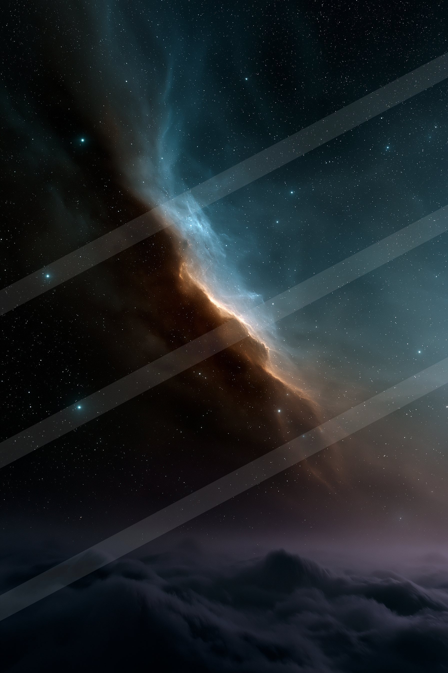 A breathtaking view of a starry night sky featuring a glowing nebula, with distant mountains shrouded in clouds below.