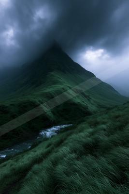 A steep green mountain peak shrouded in thick dark clouds and mist, with a rushing stream flowing through a grassy valley in the foreground.
