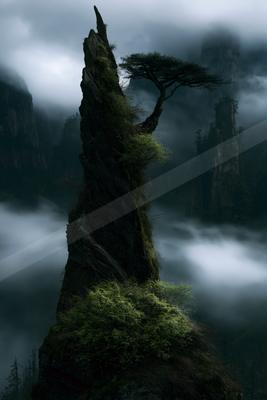 An ethereal landscape of a cliff, fog.