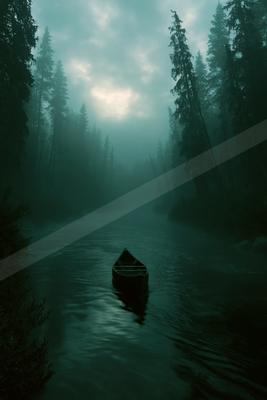 A dramatic still life of boat, river, lake.
