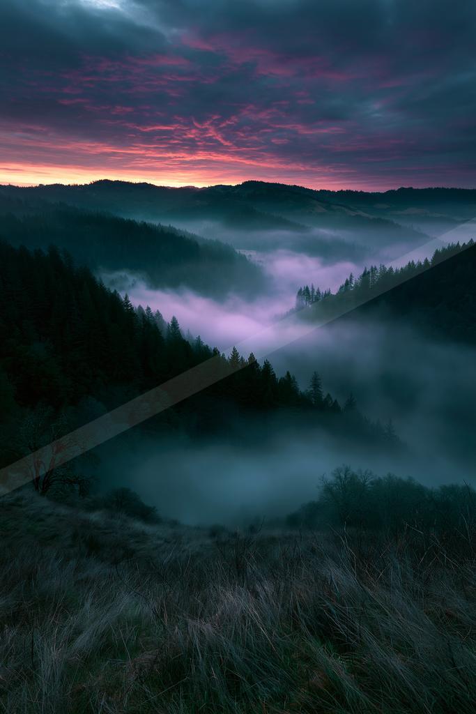 A blue hour landscape of valley, sunrise, mountains.