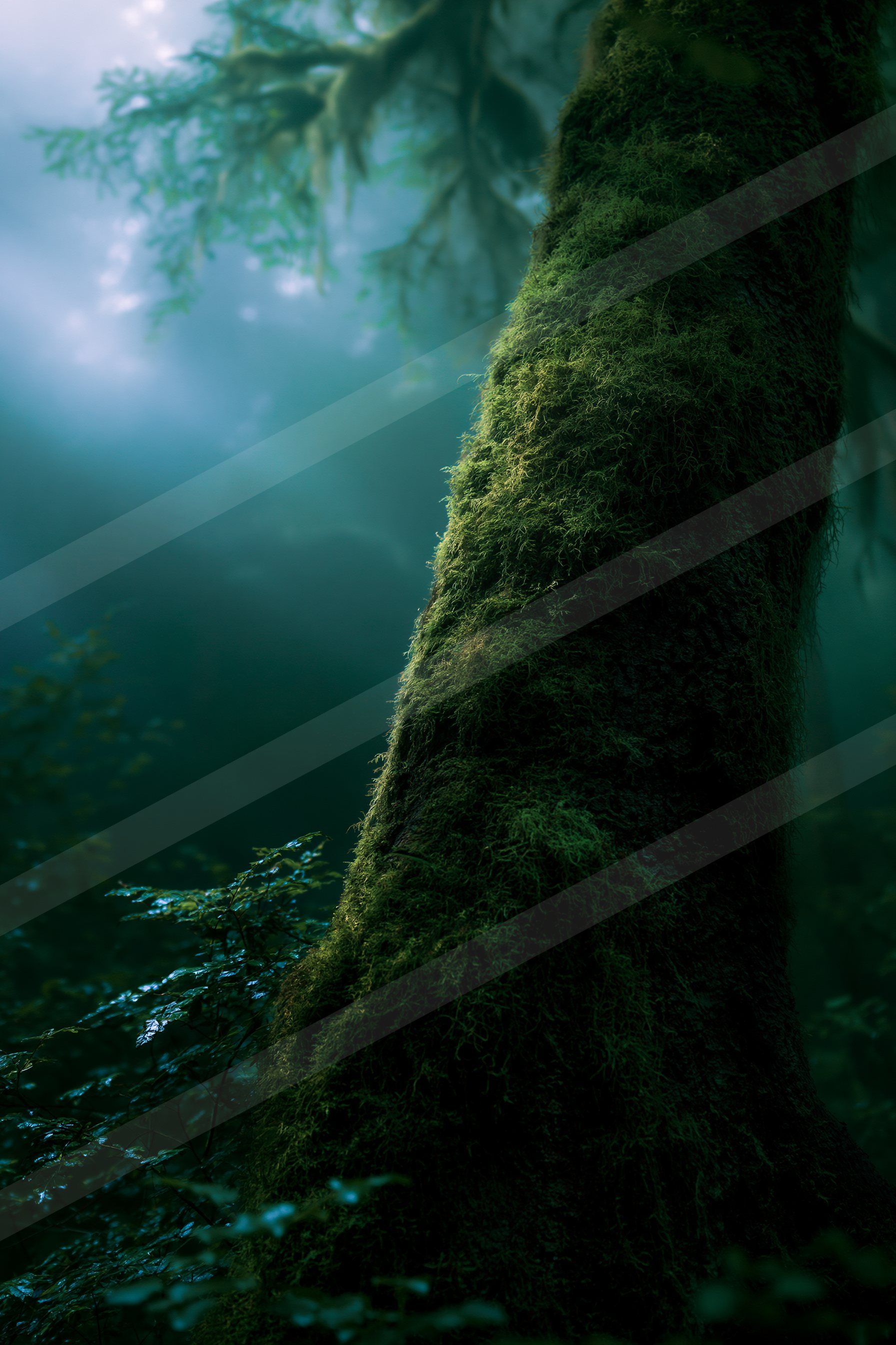 An ethereal high contrast nature scene of a moss, fog.