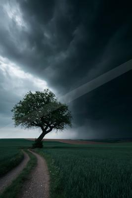A dramatic sky scene of storm, trees, road.