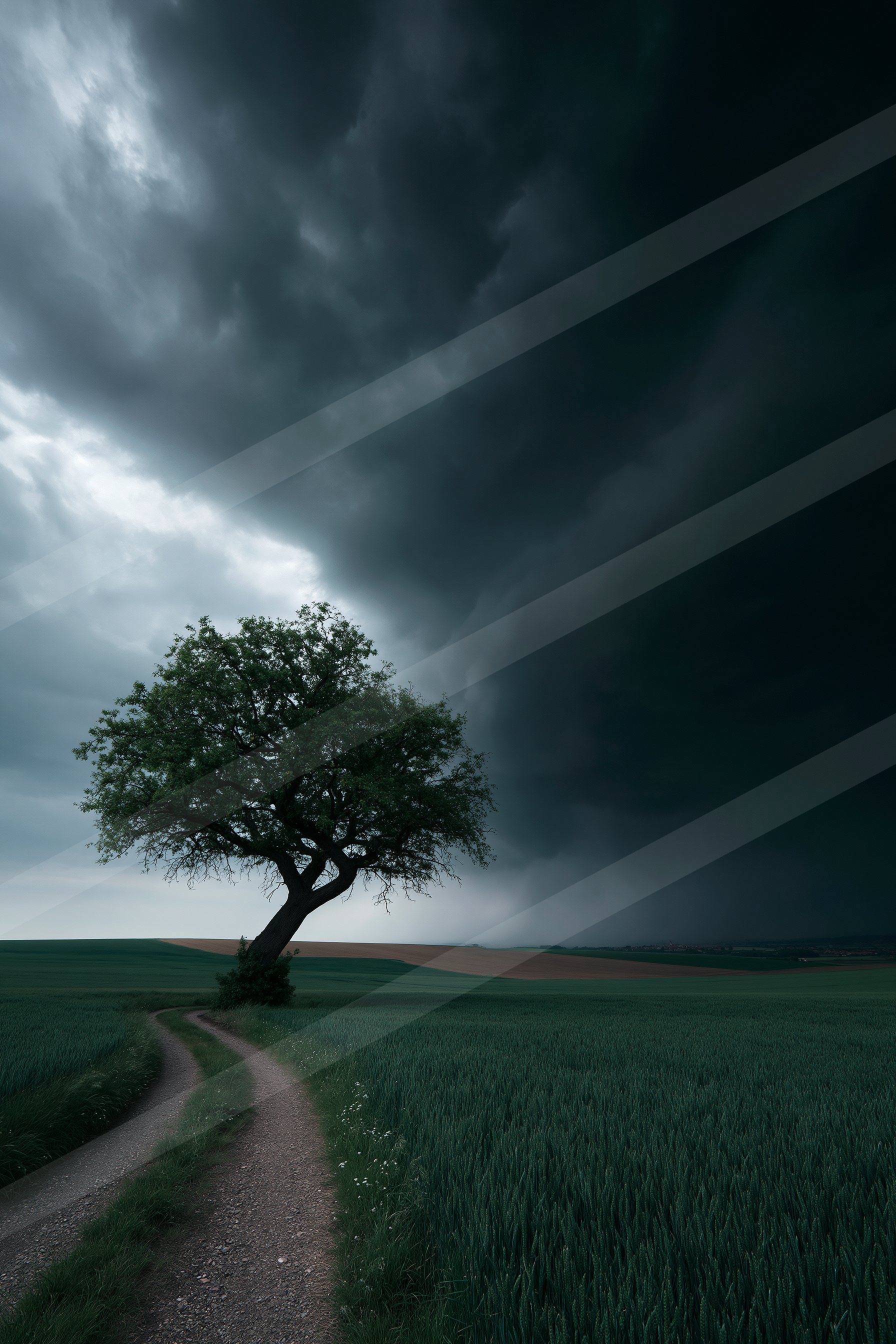 A dramatic high contrast sky scene of a storm, road.