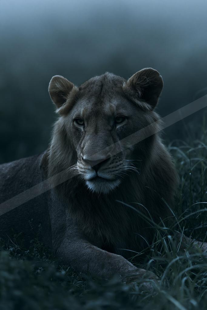 A lioness lies in tall grass with a foggy background, gazing directly at the viewer with piercing eyes.