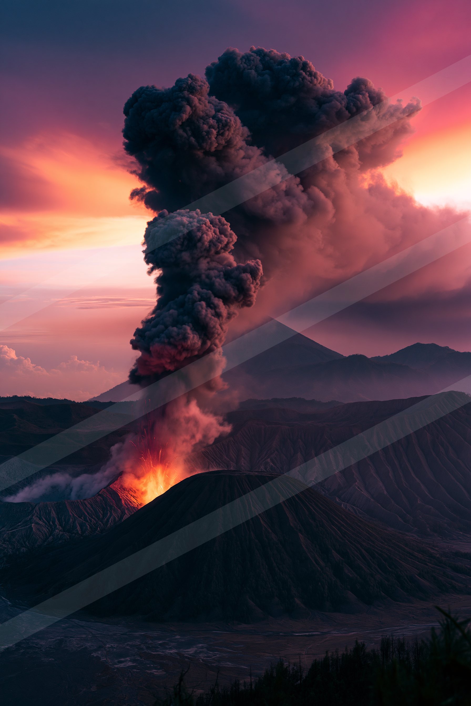 A dramatic landscape of a volcano, fire.