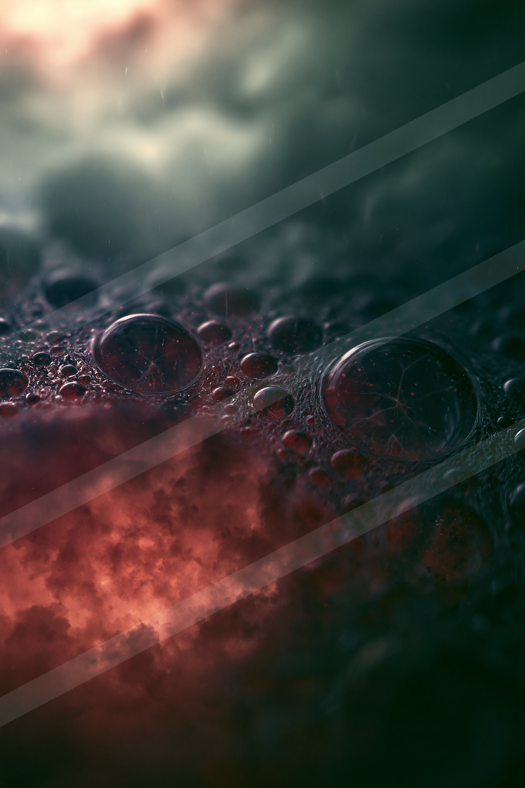 A close-up of vibrant red bubbles floating against a dark and moody sky backdrop.