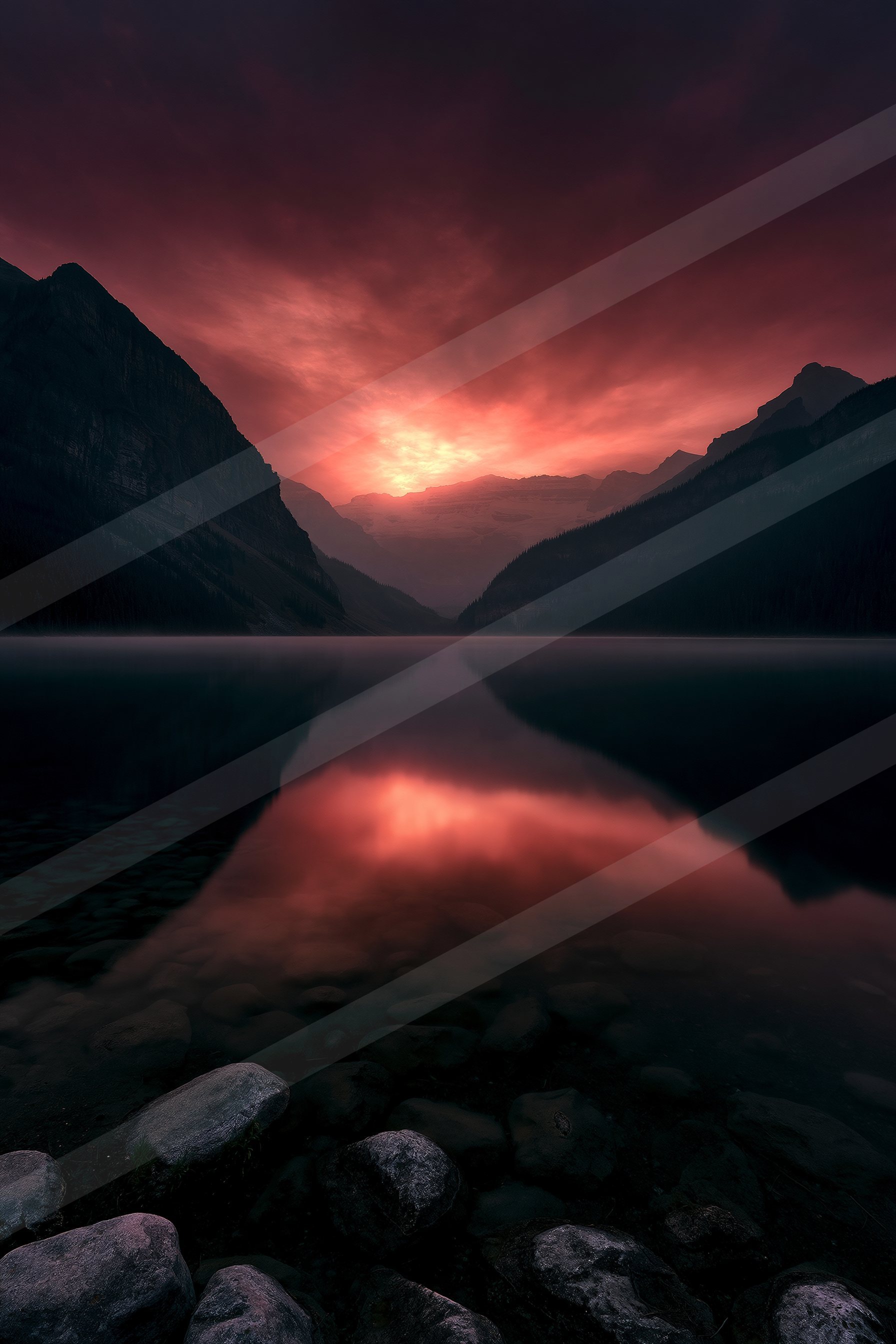 A serene mountain lake reflects the vibrant hues of a sunset sky between towering peaks.