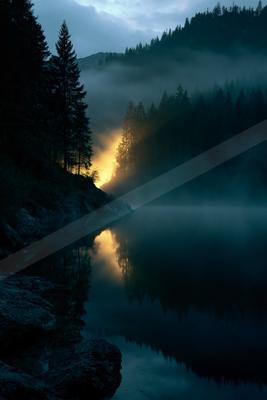 A serene mountain lake reflects a dense pine forest and golden sunrise light piercing through thick mist in a dramatic, atmospheric landscape.