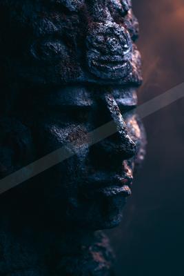 A night macro portrait of abstract texture, waterfall, rocks.