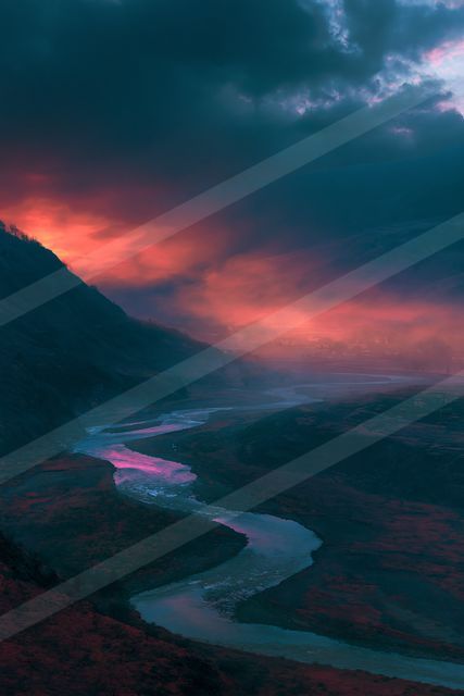 An ethereal panorama water scene of a river.
