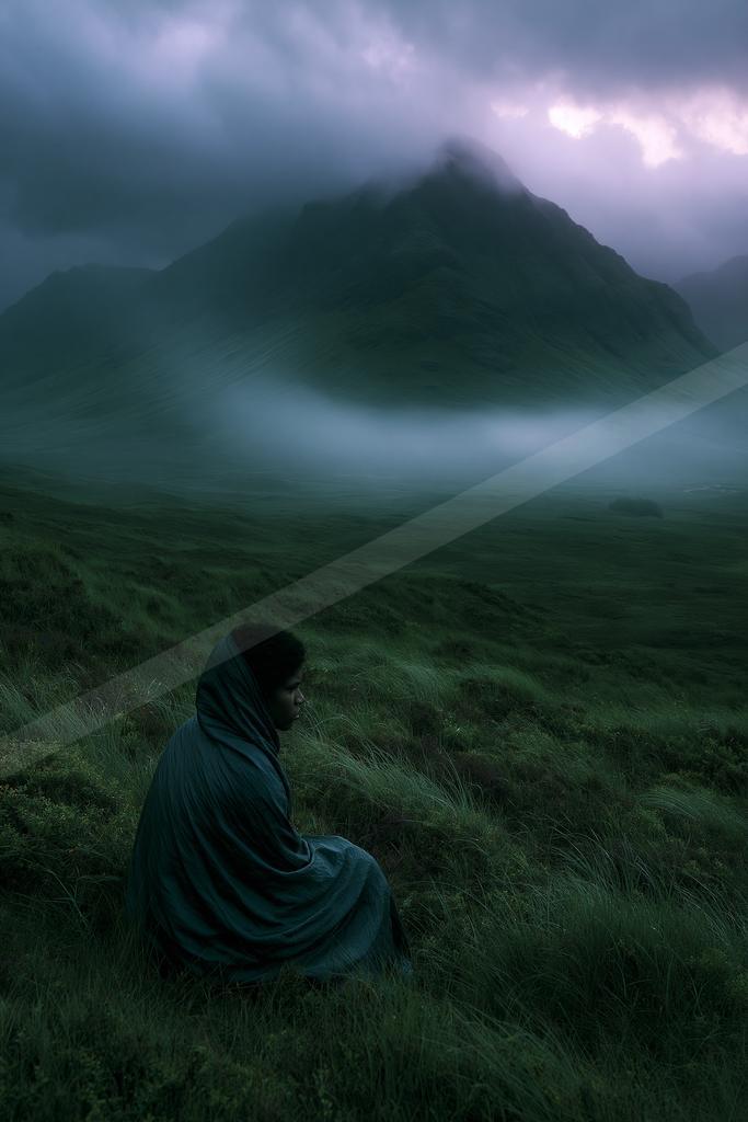 A person wearing a dark hooded cloak sits in tall grass on a hillside, gazing at a vast, fog-shrouded mountain range under a dramatic cloudy sky.