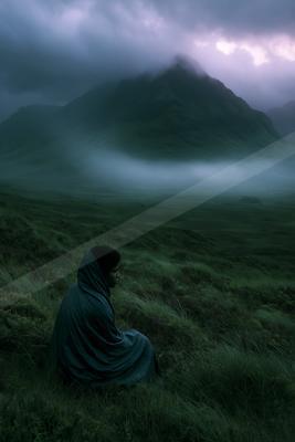 A person wearing a dark hooded cloak sits in tall grass on a hillside, gazing at a vast, fog-shrouded mountain range under a dramatic cloudy sky.