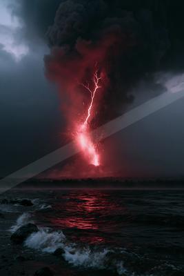 A powerful volcanic eruption sends a plume of dark ash into the stormy sky, illuminated by bright red lightning and glowing lava, with the light reflecting on t