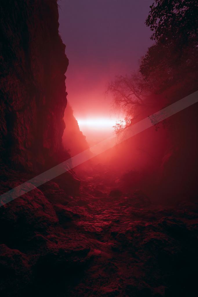 A night sky scene of sunrise, fog.