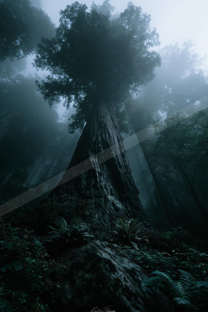 A massive, tall tree with a thick, textured trunk rises through dense fog in an ancient forest, surrounded by lush green ferns at its base.