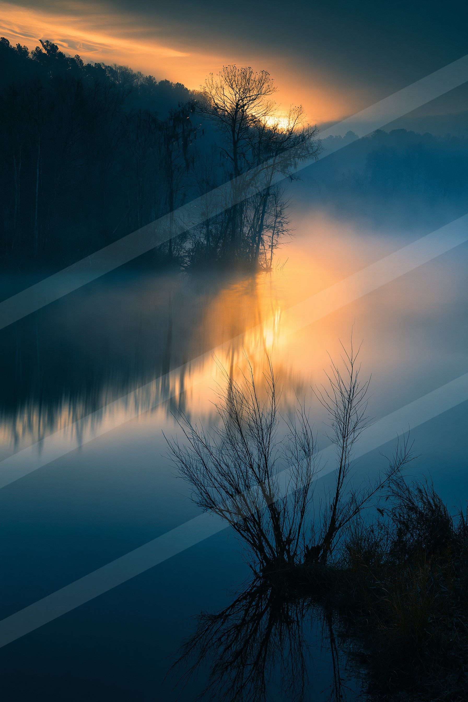 A blue hour high contrast sky scene of a sunrise, reflection.