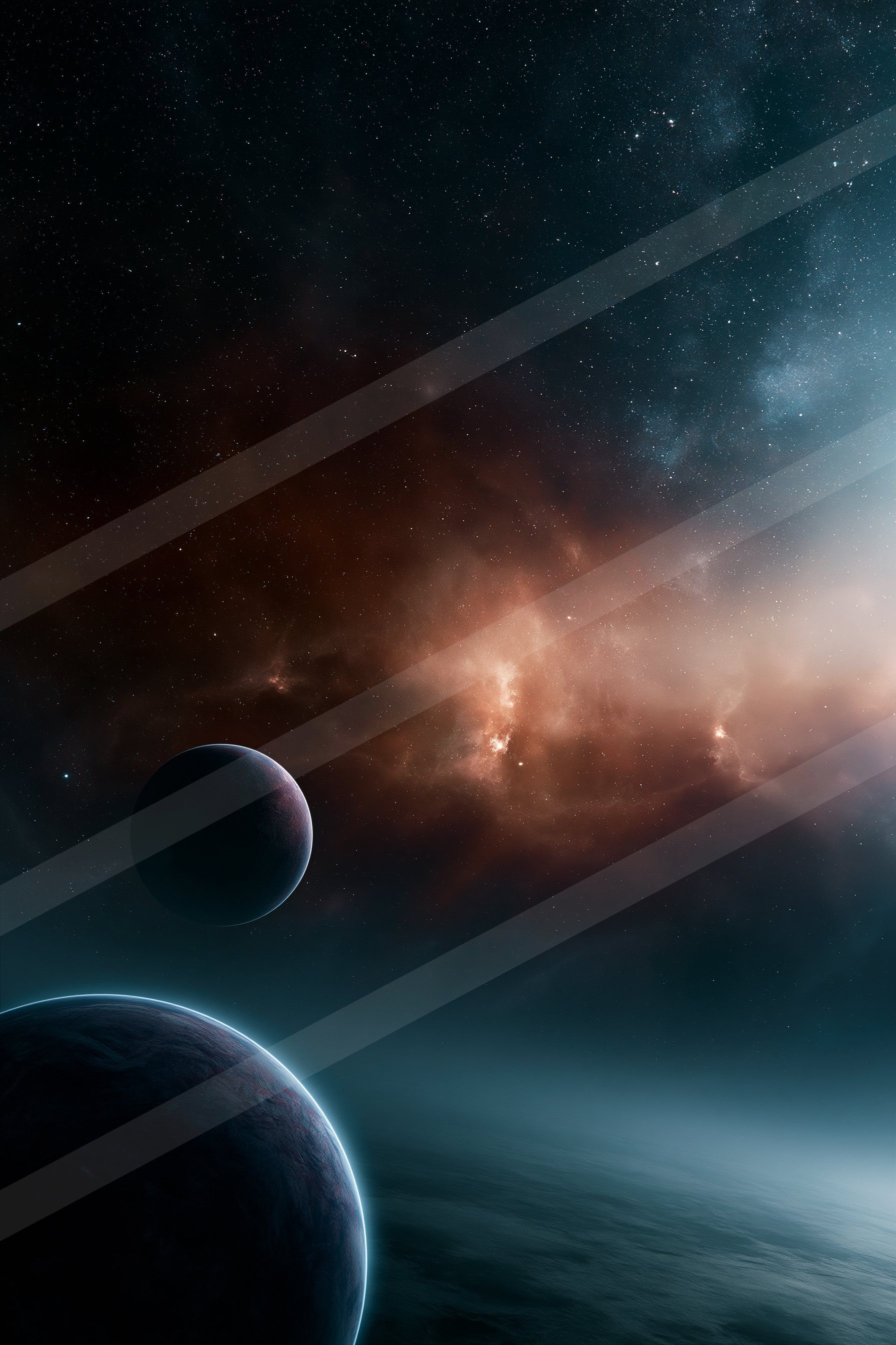 A stunning view of a glowing nebula with two planets silhouetted against the starry backdrop of deep space.