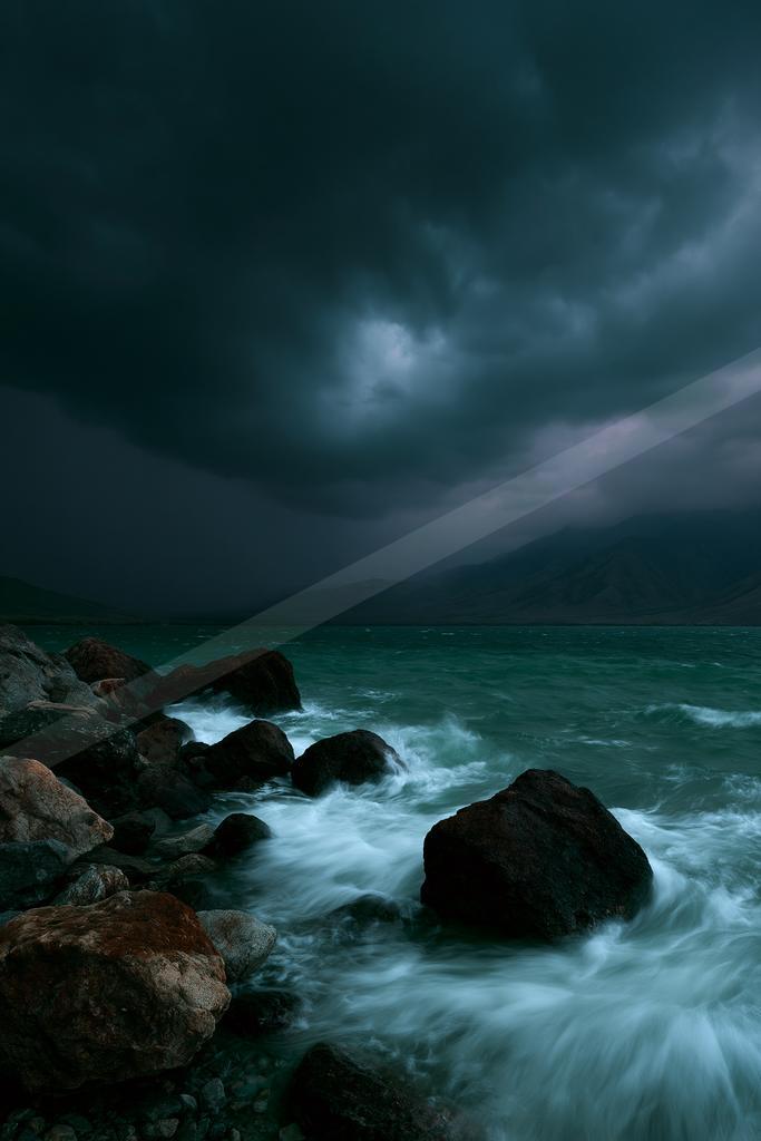 Turquoise waves with white foam crashing against large dark rocks on a stormy coastline, under heavy dark storm clouds with distant mountains visible.