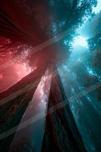 An ethereal double exposure nature scene of a forest, fog.