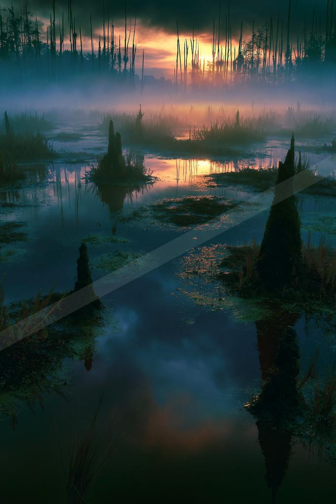 A serene water scene of lake, river, forest.