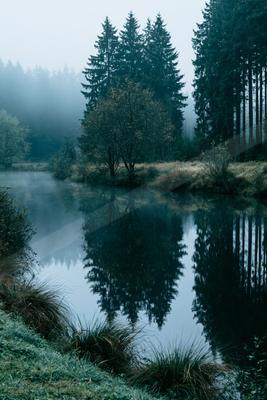 An ethereal water scene of a lake, fog.