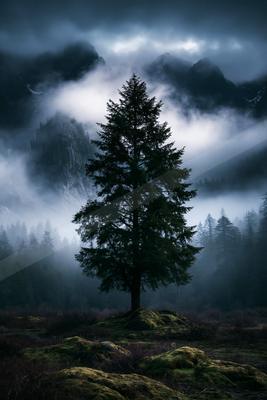 A dramatic nature scene of trees, forest, storm.
