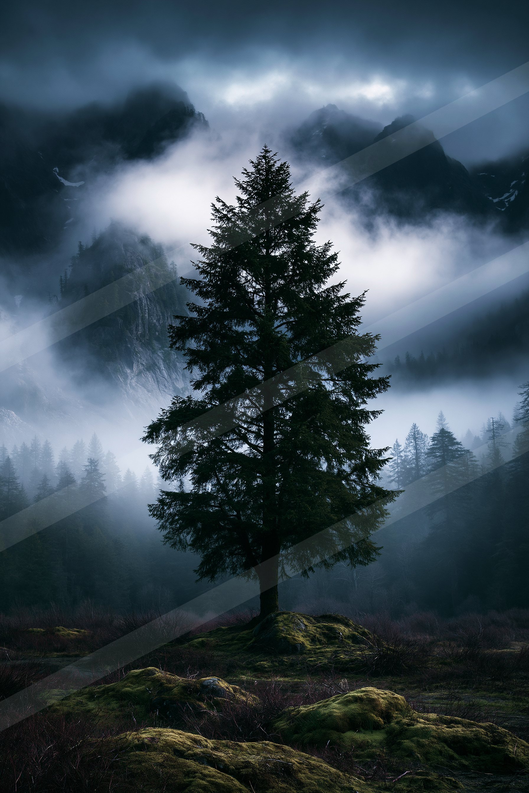 A mysterious high contrast nature scene of a pine tree, fog.