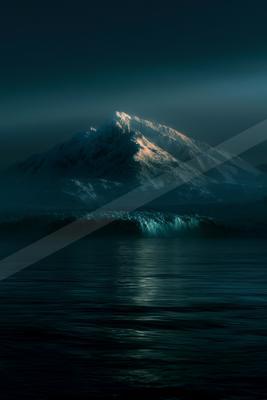 A snow-covered mountain peak illuminated against a dark twilight sky, with a large glacier and its reflection visible in the calm dark water of a lake in the fo