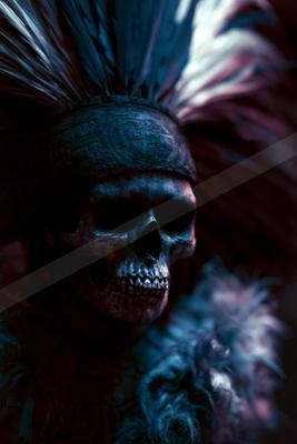 A black-toned moody photograph of feather boa, mask, wig.