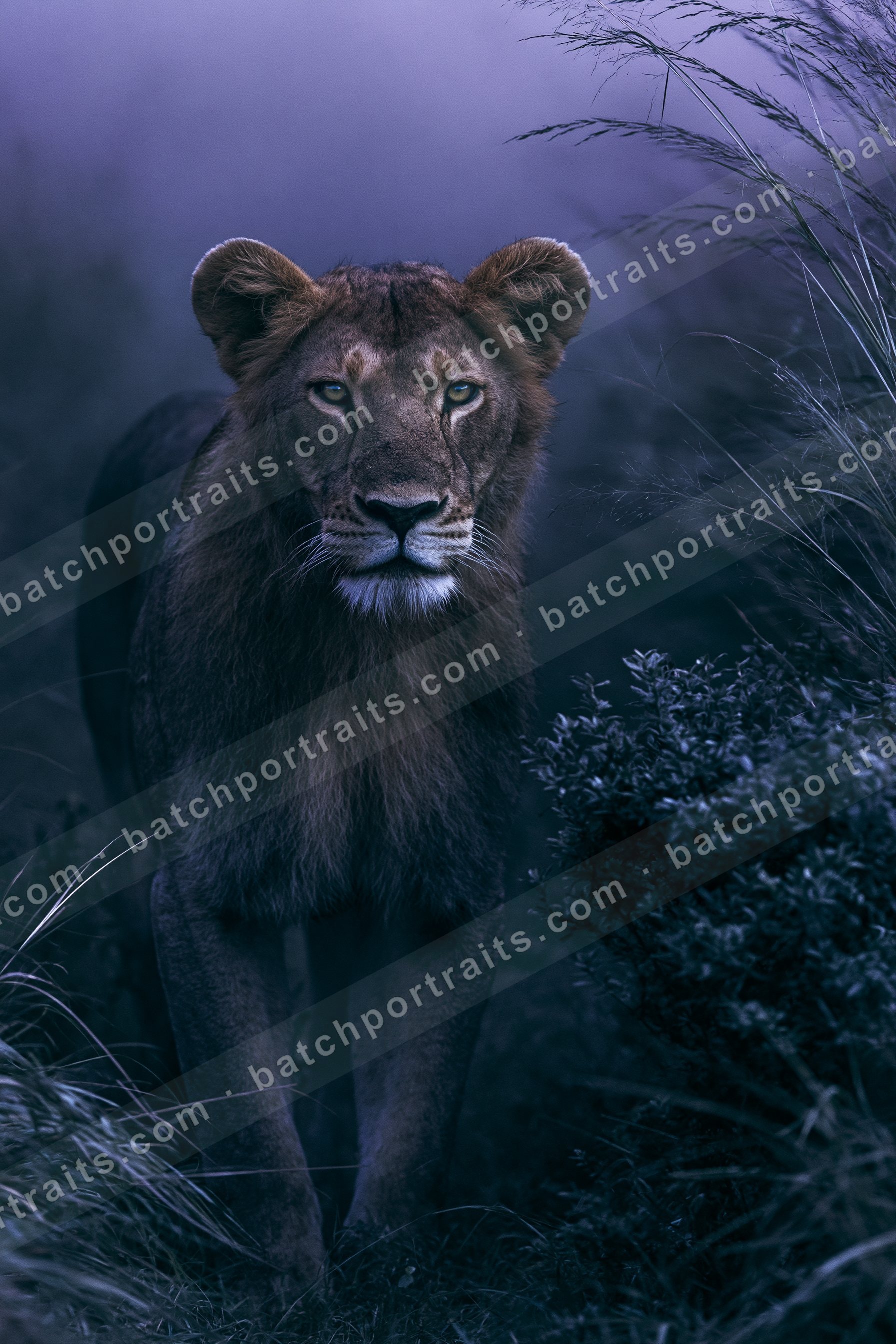 A powerful lion stands alert in a dark savanna landscape during twilight. The scene is illuminated by soft blue tones, highlighting the lion's intense gaze and