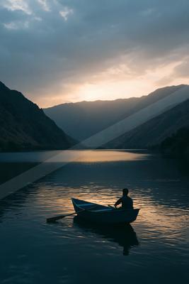 A silhouetted man rows a small boat across a calm mountain lake as the sun sets behind distant peaks, casting golden light and reflections on the water.