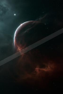A black-and-white night sky scene of planet, nebula.