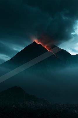 A moody landscape of mountains.