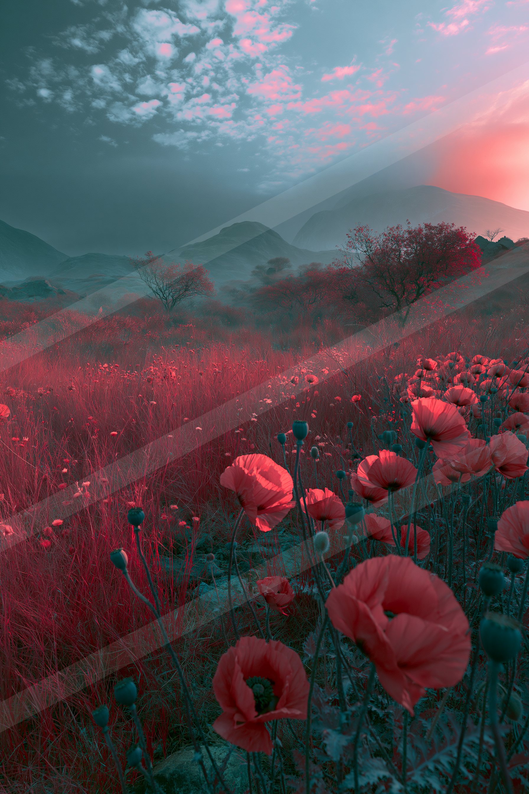 An ethereal high contrast landscape of a meadow, dust.
