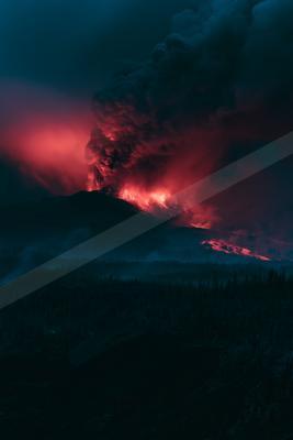 A black-toned moody photograph of volcano, alp, geyser.