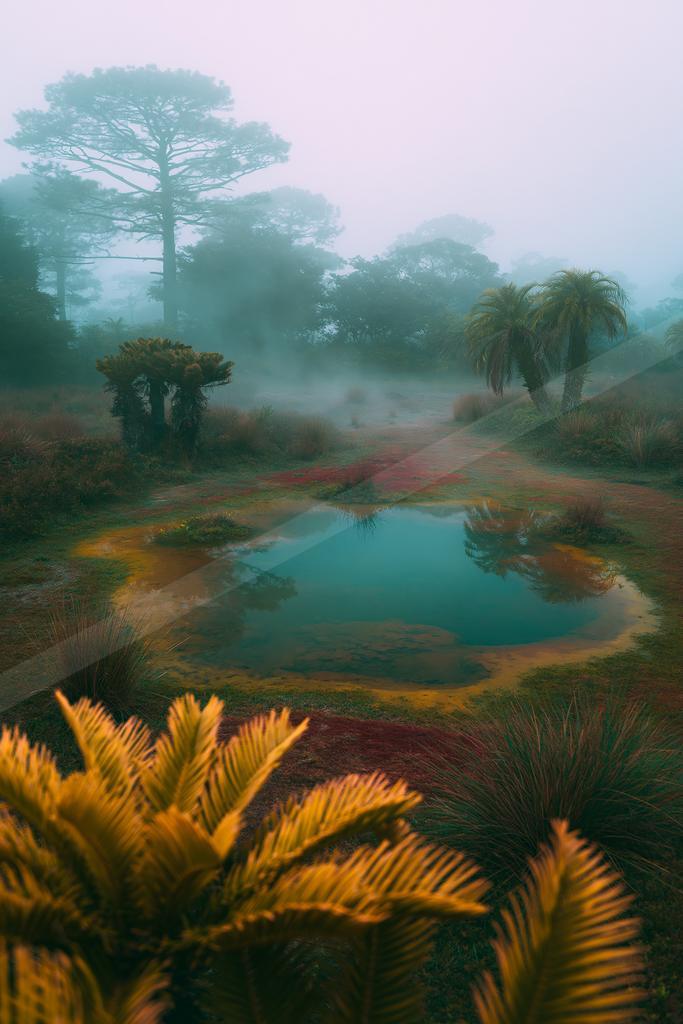 A vibrant turquoise geothermal pool surrounded by multicolored mineral deposits and lush vegetation in a foggy forest with tall trees.