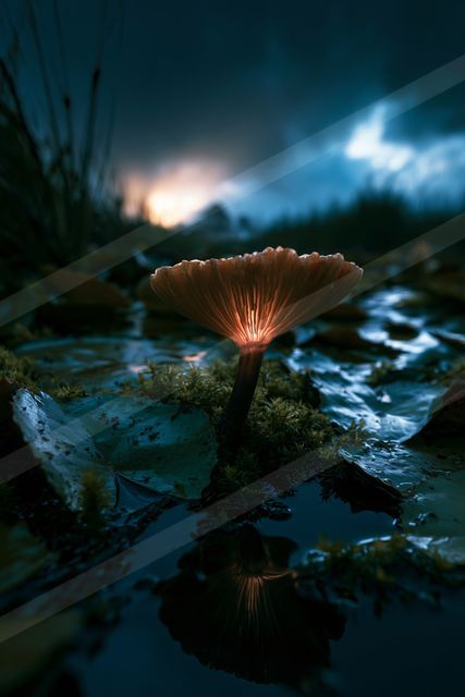 An ethereal macro nature scene of a mushroom, reflection.